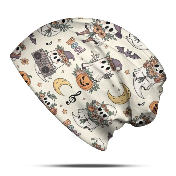 Halloween Ghost Flower Cream Pattern Slouchy Beanie Hat, Sleep Head Covering with Stretchy Fabric & Soft Texture, Stretchy Polyester Gifts for Birthday Christmas Thanksgiving