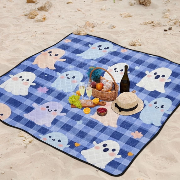 Halloween Ghost Flowers Grids Beach Blanket Outdoor Picnic Mat Sandproof Waterproof Foldable for Camping Travel Hiking
