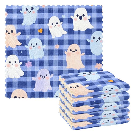 Halloween Ghost Flowers Grids Kitchen Towels 6 Pcs Dish Towels Absorbent Soft Quick Dry Towel Dish Rags for Washing Dishes