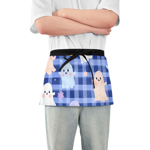 Halloween Ghost Flowers Grids Waist Apron Adjustable Server Half Apron Kitchen Cooking with 3 Pockets for Men Women