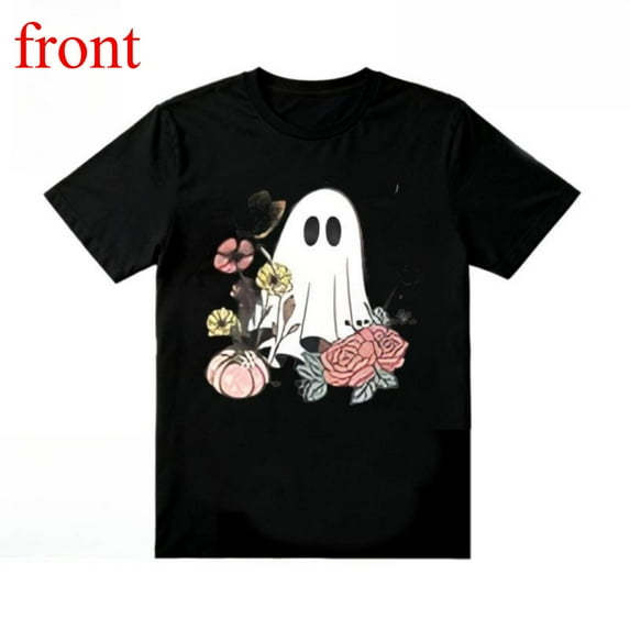 Halloween Ghost Flowers Tee Pumpkin Autumn Graphic Cotton Vintage Top Seasonal Comfort Fit Black S-5XL