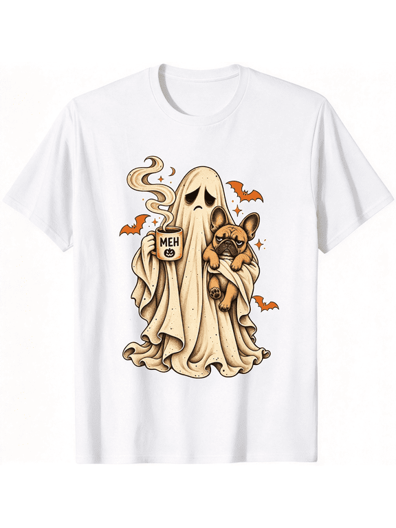Halloween Ghost French Bulldog Graphic T-Shirt, Cute Spooky Ghost Print, Unisex Short Sleeve Crew Neck Tee, Fall Season Dog Lover Casual Gift Top