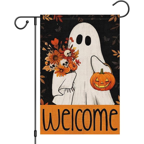 Halloween Ghost Garden Flag 12 x 18 Inch Vertical Double Sided Burlap Pumpkin Skull Daisy Yard Flag for Seasonal Fall Thanksgiving Farmhouse Decoration