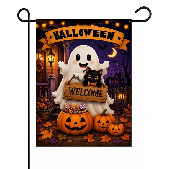 Halloween Ghost Garden Flag, 12 x 18 in Double Sided Welcome Yard Banner for Outdoor Porch Lawn