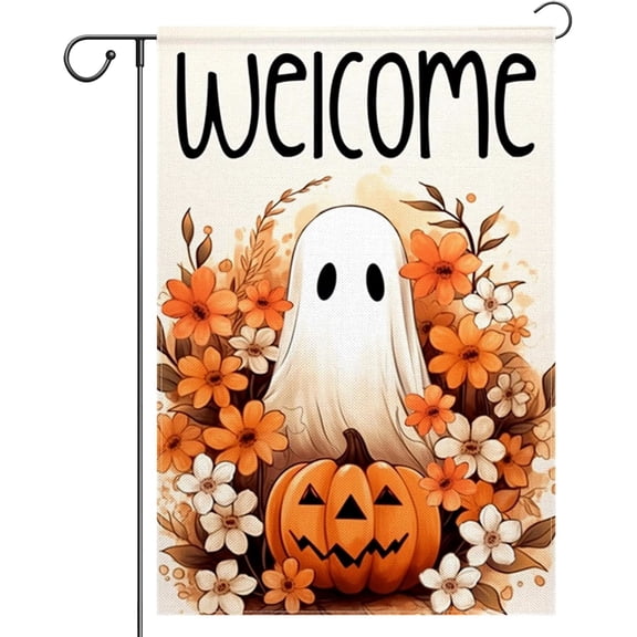 Halloween Ghost Garden Flag 12x18 Inch Spooky Pumpkin Fall Welcome Outdoor Burlap Yard Flag Double Sided