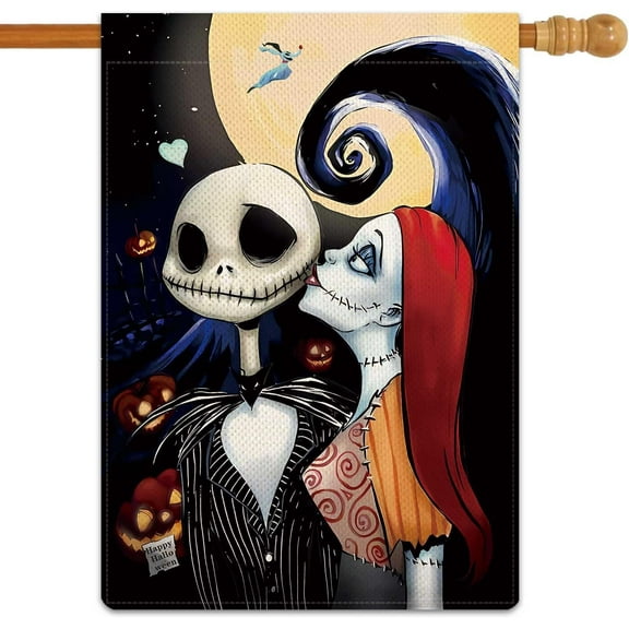 Halloween Ghost Garden Flag The Nightmare Garden Flag Sally Kisses Jack Vertical Double Sided Rustic Farmland Burlap Yard Lawn Outdoor Decor 28x40"