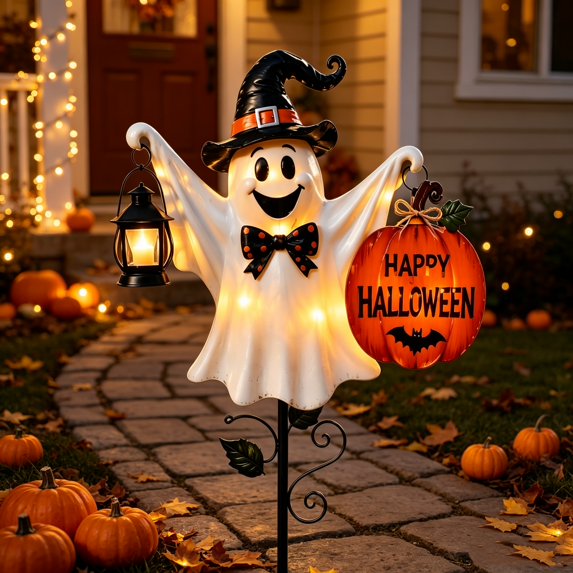 Halloween Ghost Garden Stake Light 11.8in Vintage Patchwork Resin Outdoor Decorative Landscape Lamp for Courtyard, Pathway & Lawn