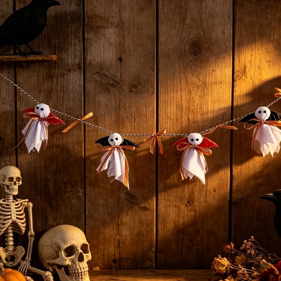 Halloween Ghost Garland Fabric Hanging Banner with Cute Ghost Dolls Ribbon Pennant for Fireplace Door Wall Window Classroom Party Decoration 47 inch