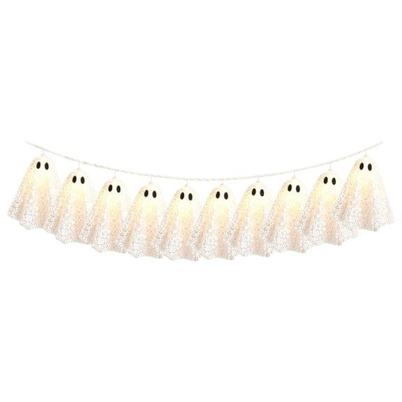 Halloween Ghost Garland String Lights 2 Meter 10 Hanging Ghosts with Sequins 8 Lighting Modes Battery Operated Indoor Outdoor Decoration