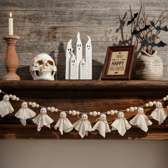 Halloween Ghost Garland with Natural Wood Beads for Fireplace Mantel Wall Shelf and Fall Home Party Decor