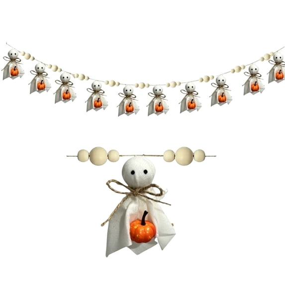Halloween Ghost Garland with Wooden Beads, Cozy Vintage Festive Wall Hanging Ornament, Handmade Farmhouse Home Decor for Fall Party