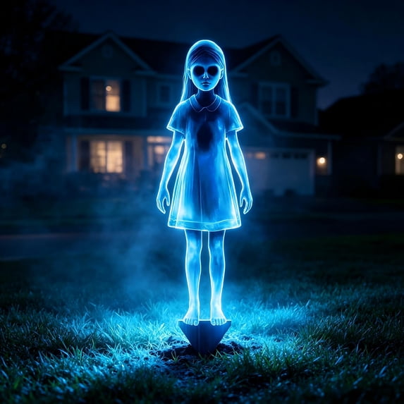 Halloween Ghost Girl Garden Stake Light, Spooky Translucent Blue LED Light Up Ghostly Daughter Figure Ground Stake, Weather Resistant Holiday Courtyard Haunted House Prop