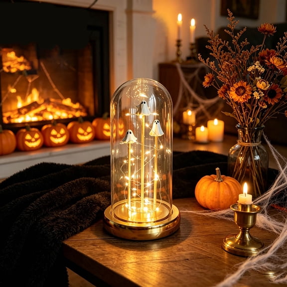 Halloween Ghost Glass Cloche LED Table Lamp Spooky Warm Fairy Light Bell Jar Dome Decor For Bedroom Home