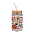 thumbnail image 1 of Halloween Ghost Glass Tumbler 400ml, Spider Web Bat Printed Drinking Cup with Lid & Straw, Reusable Iced Coffee Glass, Spooky Themed Gift for Halloween Party Beverage, 1 of 6