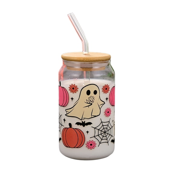 Halloween Ghost Glass Tumbler 400ml, Spider Web Bat Printed Drinking Cup with Lid & Straw, Reusable Iced Coffee Glass, Spooky Themed Gift for Halloween Party Beverage