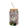 thumbnail image 1 of Halloween Ghost Glass Tumbler 400ml, Spider Web Bat Printed Drinking Cup with Lid & Straw, Reusable Iced Coffee Glass, Spooky Themed Gift for Halloween Party Beverage, 1 of 5