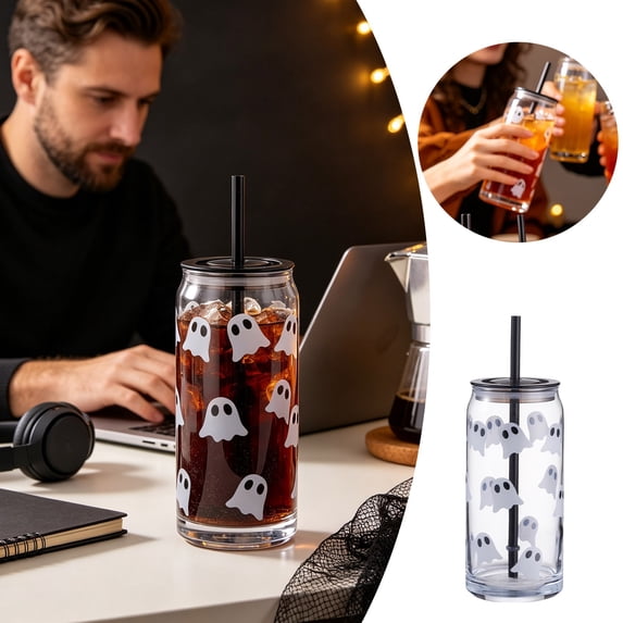 Halloween Ghost Glass Tumbler with Lid & Straw, 8.3x3in Clear Iced Coffee Cup, Cute Spooky Glass Jar for Home & Party, 1PC