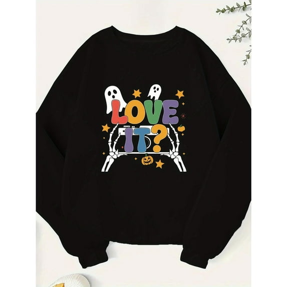Halloween Ghost Graphic Sweatshirt Top Love It Skull Star Design Cotton Long Sleeve Crew Neck Black S-3XL