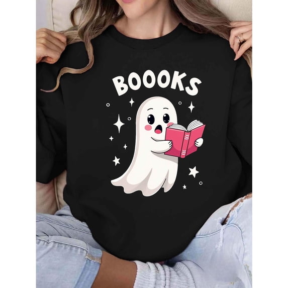 Halloween Ghost Graphic Sweatshirt Top Reading Books Booook Text Design Long Sleeve Round Neck Black S-3XL