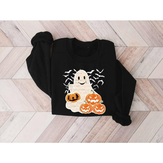 Halloween Ghost Graphic Sweatshirt Top Spooky Party Design Fall Long Sleeve Round Neck Black S-3XL