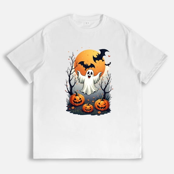 Halloween Ghost Graphic Tee, Pumpkin Bat T-Shirt for Women, Pattern printing,Halloween Tops,Funny,cotton,white,S-5XL