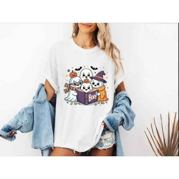 Halloween Ghost Graphic Tee Spooky Boo Book Design Pumpkin Witch Hat Bats Comfort Cotton T-Shirt White S-5XL