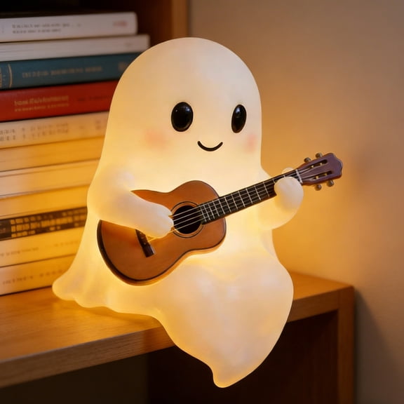 Halloween Ghost Guitar Decor, Cute Resin Tabletop Lamp with Warm Yellow Light, Spooky Rocker Ornament for Desk, Study and Party, USB Powered
