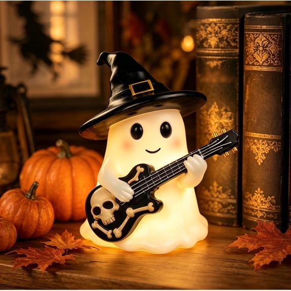 Halloween Ghost Guitar Reading Night Light, Cute LED Table Lamp, Spooky Ghost with Book and Guitar Ornament for Home Bedroom Desk Decor, 5.51x4.44Inch
