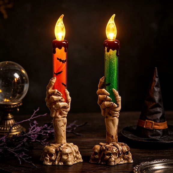 Halloween Ghost Hand Candle Holder with LED Light, Spooky Skeleton Hand Tabletop Decor, Gothic Halloween Decoration for Mantel Shelf Party Table, Haunted House Home Accent