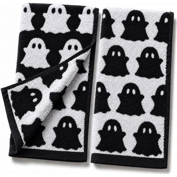 Halloween Ghost Hand Towels, 2Pcs Black White Decor for Home/Kitchen/Bath | 100% Cotton Decor Soft Absorbent for Holiday Decorative Cooking Cleaning Drying 15.8 x 23.6 Inch