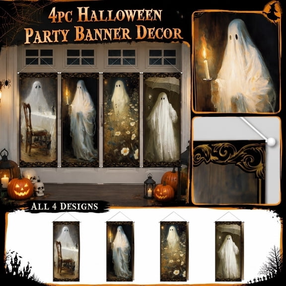Halloween Ghost Hanging Banners, 4 Pack Vintage Gothic Party Decor Flags for Porch, Party Background, Home Wall and Themed Activity