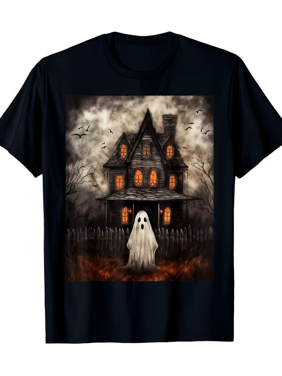 Halloween Ghost Haunted House Graphic Cotton Men's Women's Tee Shirt
