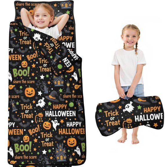 Halloween Ghost Haunted House Kids Nap Mat, All-in-One Nap Pad with Handle & Fastening Straps, Hypoallergenic Gifts for Daycare Preschool,59"x22"