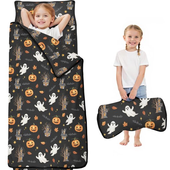 Halloween Ghost Haunted House Pattern Kids Nap Mat, Preschool Sleeping Pad with Handle & Fastening Straps, Portable with Handle Gifts for Daycare Preschool,59"x22"