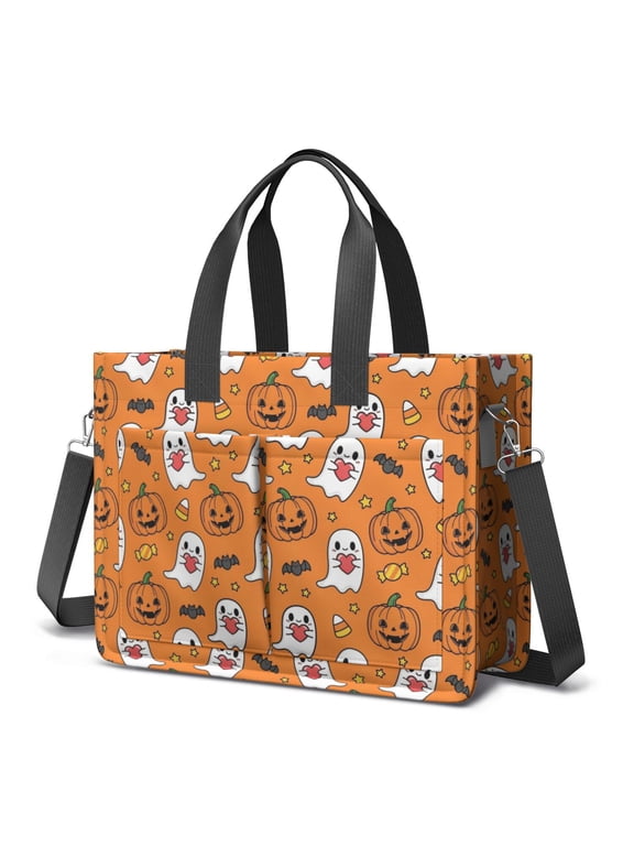 Halloween Ghost Heart Pumpkin Canvas Messenger Tote Bag, Nurse Handbag with Multi Pockets & Removable Strap, Magnetic Closure Gifts for Birthday Christmas Thanksgiving