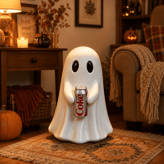 Halloween Ghost Holding Coke Figurine, 7.87in Cute Coke Ghost Decor, Spooky Beverage Holder for Tabletop Desk Mantel Shelf Party