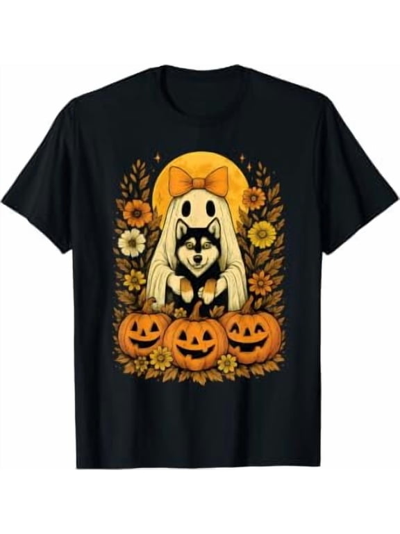 Halloween Ghost Holding Siberian Husky Dog Vintage Holiday T-Shirt, Size S-5XL