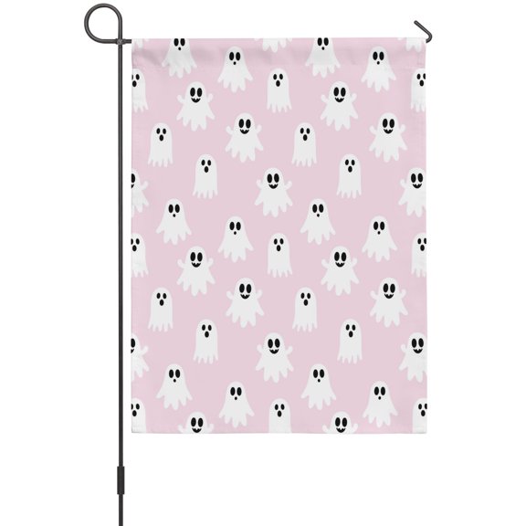 Halloween Ghost House Flags For Outdoor, Minimalist Pink White Cartoon Tiny Ghosts Small Double Side Yard Flags Weather Proof House Decor for Lawn Outside Holiday 28 x 40 Inches