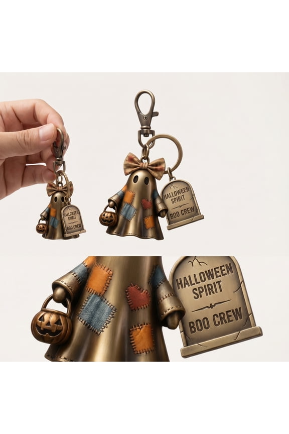 Halloween Ghost Keychain Cute Patchwork Ghost Bag Charm, Vintage Spooky Ghost Key Ring for Backpack, Purse, Halloween Party Favor Gift
