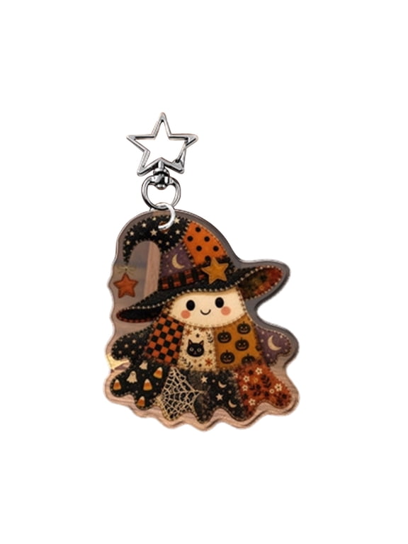 Halloween Ghost Keychain D Witch Patchwork Acrylic Pendant with Star Clasp Backpack Bag Charm Halloween Tree Ornament