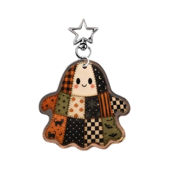 Halloween Ghost Keychain F Checkered Patchwork Acrylic Pendant with Star Clasp Backpack Bag Charm Halloween Tree Ornament