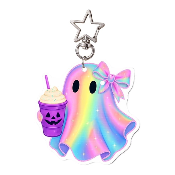 Halloween Ghost Keychain Holographic Iridescent Acrylic Pendant with Bow Star Clasp Bag Charm Christmas Tree Ornament Cup