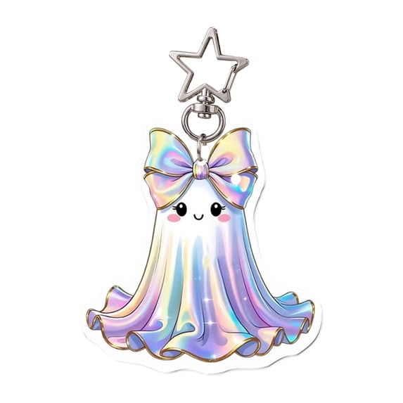 Halloween Ghost Keychain Holographic Iridescent Acrylic Pendant with Bow Star Clasp Bag Charm Christmas Tree Ornament Simple