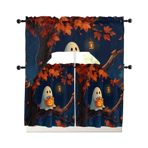 Halloween Ghost Kitchen Curtains Set for Windows 3 Piece Cafe Curtains 36 Inch Length Swag Curtains Valances and Tier Set Horror Pumpkin Light Maple Leaves Tree Drapes for Bedroom Living Room