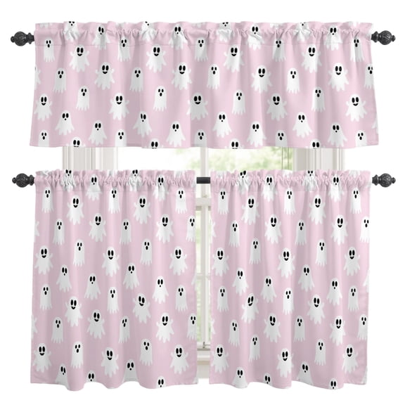 Halloween Ghost Kitchen Curtains Valances 3 Piece Set, Minimalist Pink White Cartoon Tiny Ghosts Rod Pocket Tier Curtain and Valance Drapes for Small Window 36 Inch Length for Bedroom Cafe