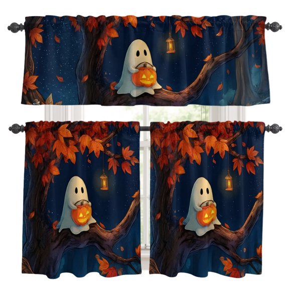 Halloween Ghost Kitchen Curtains Valances 3 Piece Set, Orange Pumpkin Rustic Spooky Tree Leaf Rod Pocket Tier Curtain and Valance Drapes for Small Window 36 Inch Length for Bedroom Cafe
