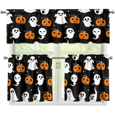 Halloween Ghost Kitchen Curtains and Valances 3 Piece Set,Valance Curtains for Kitchen Windows Halloween Kitchen Curtains Tiers and Valances for Cafe Living Room Window Decor