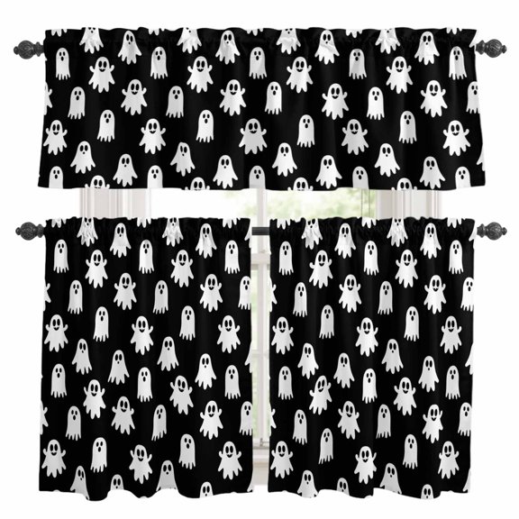 Halloween Ghost Kitchen Curtains and Valances Set, Minimalist Black White Cartoon Tiny Ghosts Rod Pocket Window Valance Window Curtain Panels for Living Room Bedroom Laundry, 27.5x24in, 3 Pieces