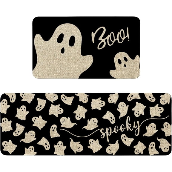 Halloween Ghost Kitchen Mat Decor, Black Halloween Kitchen Rugs Set of 2 Non Slip Washable Boo Spooky Ghost Floor Mat Indoor Rug Home Decorations