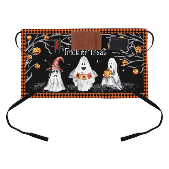 Halloween Ghost Kitchen Restaurant Half Waist Apron, Horror Boo Pumpkin Orange Plaid Trick Or Treat Server Short Apron with 3 Pockets Waterproof Oil Waist Aprons for Women Waitress Waiter